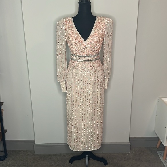 Mac Duggal 93593 Sequined V Neck Bishop Long Sleeve Dress Nude NWT! - Picture 4 of 14